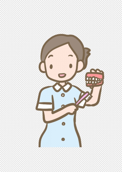 手绘牙医护士持牙齿模型刷牙教学插画