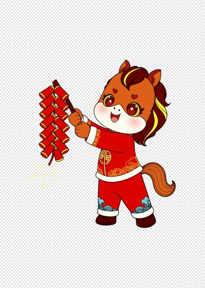 马年卡通小马穿红衣放鞭炮免抠插画元素