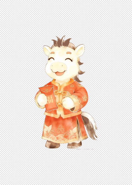 马年卡通小马穿红袍抱福字免抠插画元素