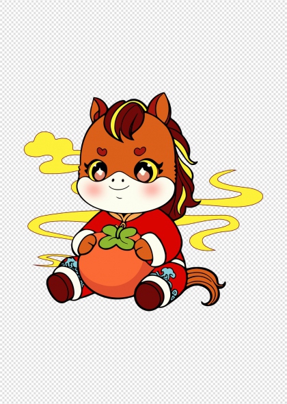 马年卡通小马抱柿子免抠插画元素