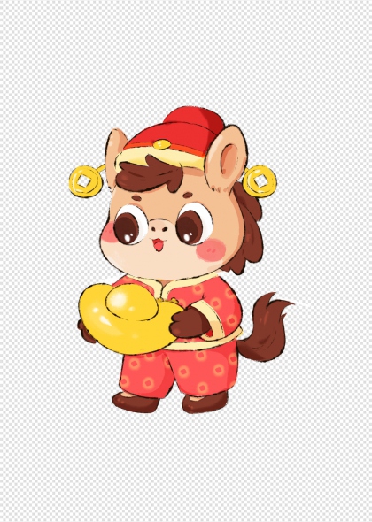 马年卡通小马穿红衣抱金元宝免抠插画元素