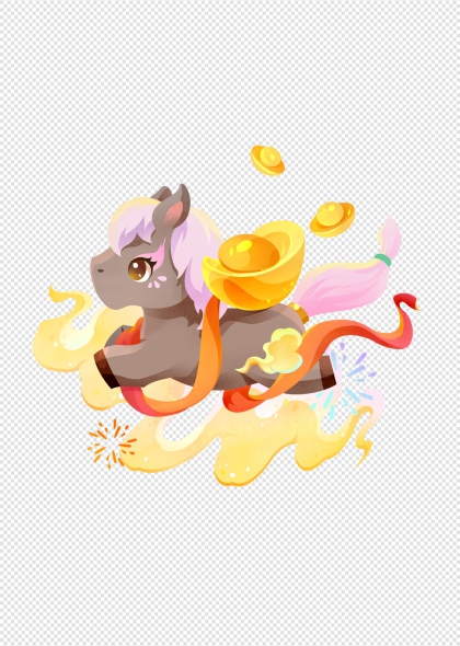 马年卡通小马抱金元宝免抠插画元素