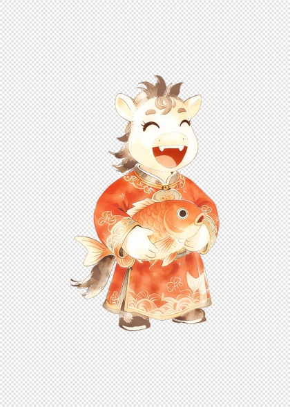 马年卡通小马抱金鱼免抠插画元素