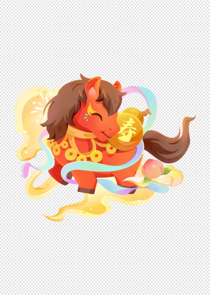 马年卡通生肖马免抠插画元素带祥云金币装饰