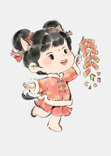马年卡通女孩放鞭炮免抠插画元素