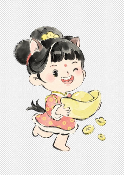 马年卡通女孩抱金元宝免抠插画元素