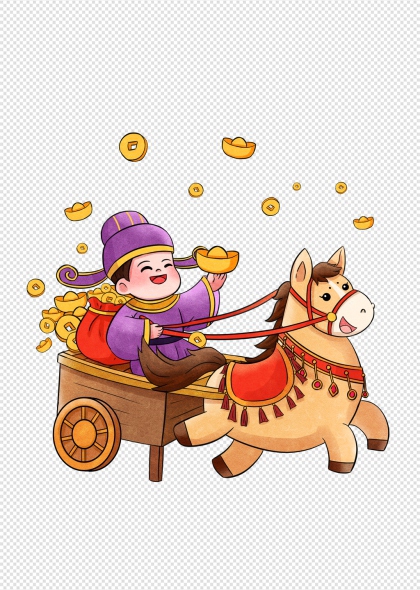 马年卡通财神骑马撒金元宝免抠插画元素