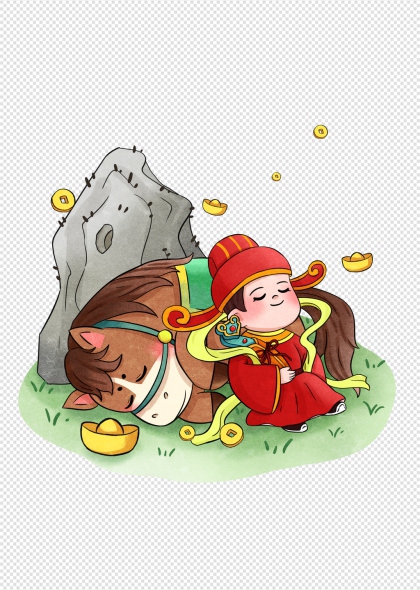 马年卡通财神骑马抱金元宝免抠插画元素