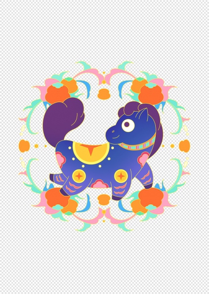 蓝色马年卡通IP形象配花卉装饰免抠插画