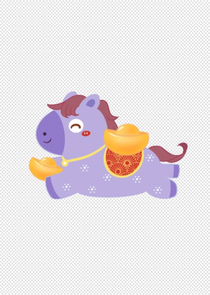 紫色马年卡通IP抱金元宝免抠装饰元素