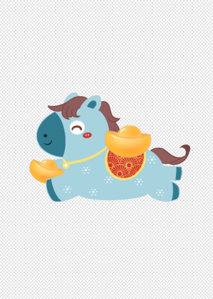 蓝色马年卡通IP抱金元宝免抠插画元素