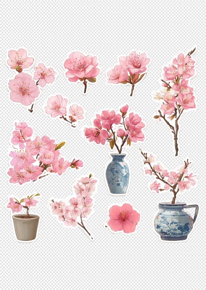 粉色樱花枝条花朵插画搭配青花瓷瓶装饰元素