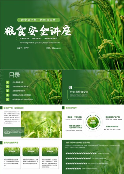粮食安全讲座绿色稻田背景PPT模板