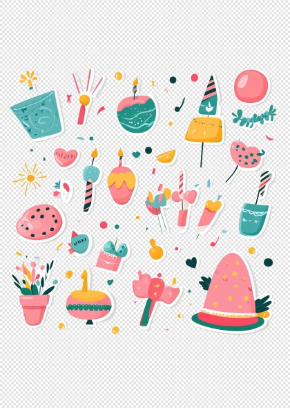 气球蜡烛蛋糕礼物彩色派对装饰免抠插画元素