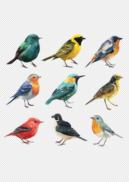 九只彩色小鸟免抠插画装饰元素
