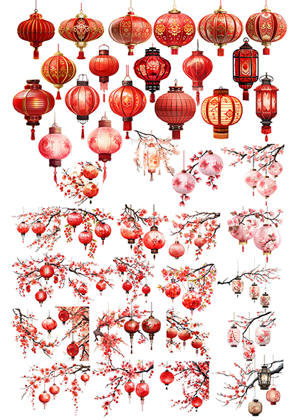 红灯笼梅花枝春节喜庆装饰元素合集