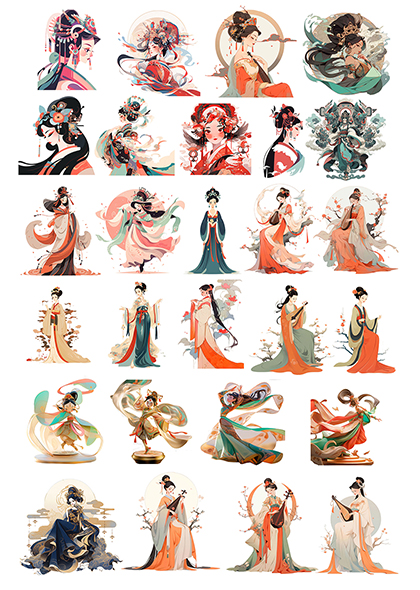 古风仕女插画人物舞蹈乐器装饰图案合集