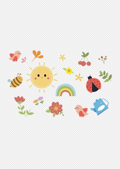 可爱太阳彩虹小鸟蜜蜂瓢虫花朵园艺装饰元素