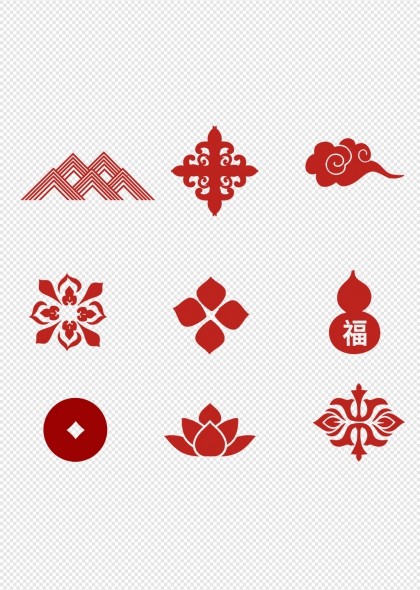 红色中式传统吉祥图案福字莲花云纹装饰元素