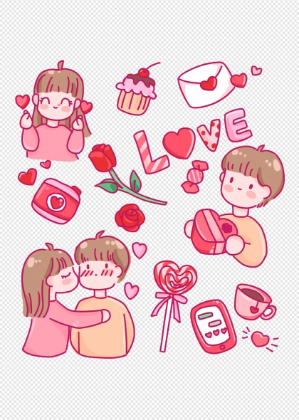手绘情侣亲吻拥抱玫瑰蛋糕信封LOVE糖果心形元素