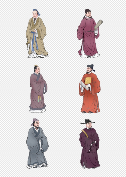 古代文人学者形象六位手绘传统服饰人物免抠元素