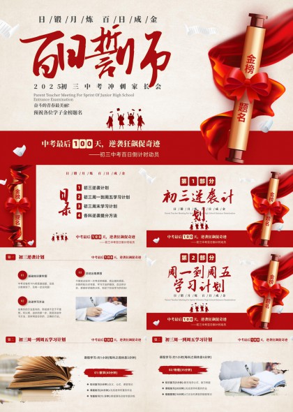 喜庆金榜题名风格初三中考百日冲刺家长会PPT模板