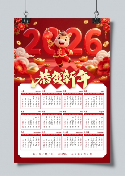 2026马年喜庆红金日历恭贺新年