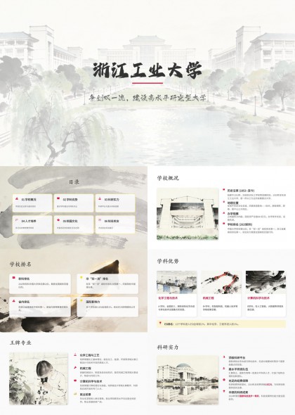 水墨国风浙江工业大学学校介绍PPT模板