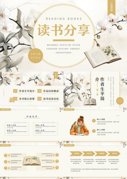 水墨兰花风读书分享会反思总结PPT模板