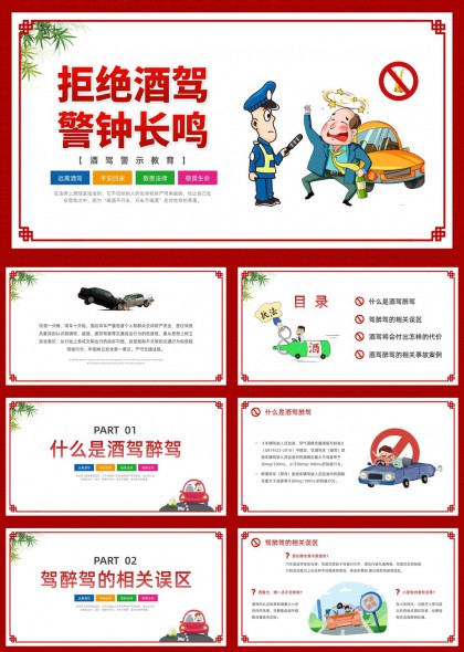 红色警示风酒驾危害教育宣传PPT模板