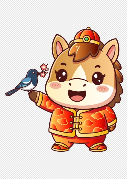 马年吉祥卡通形象穿唐装持梅枝喜鹊元素