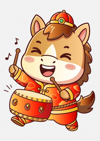 马年吉祥卡通小马敲鼓庆祝春节元素