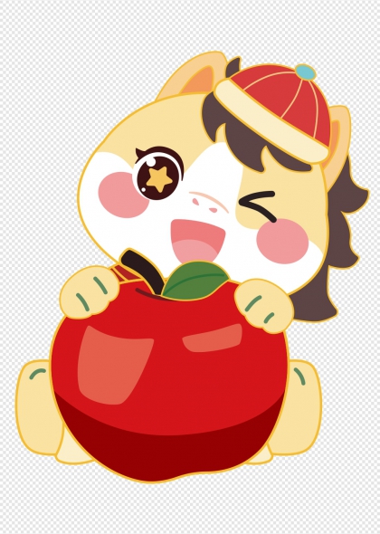 马年吉祥卡通小马戴帽抱苹果喜庆元素