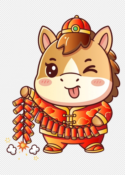 马年卡通小马穿唐装持鞭炮春节喜庆免抠元素