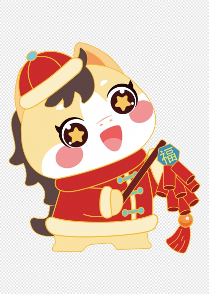 马年吉祥卡通小马穿唐装持福字鞭炮春节元素