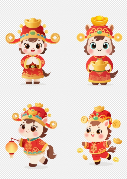 马年吉祥卡通小马穿红袍戴金冠持元宝灯笼春节庆贺元素