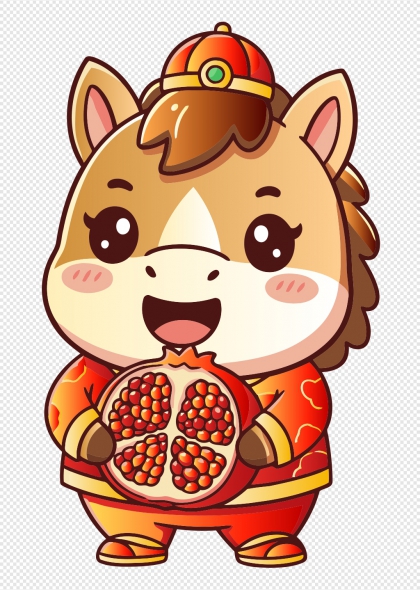 马年吉祥卡通小马持石榴春节贺岁免抠元素