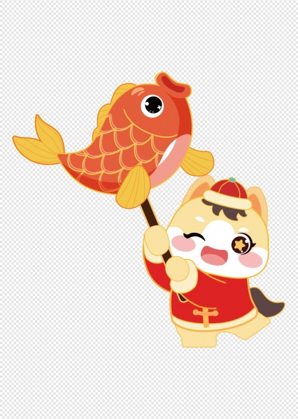 马年吉祥卡通小马持鲤鱼年画元素