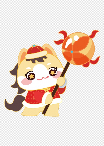 马年吉祥卡通小马持灯笼春节贺岁免抠元素