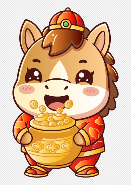马年吉祥卡通小马抱金元宝招财纳福元素
