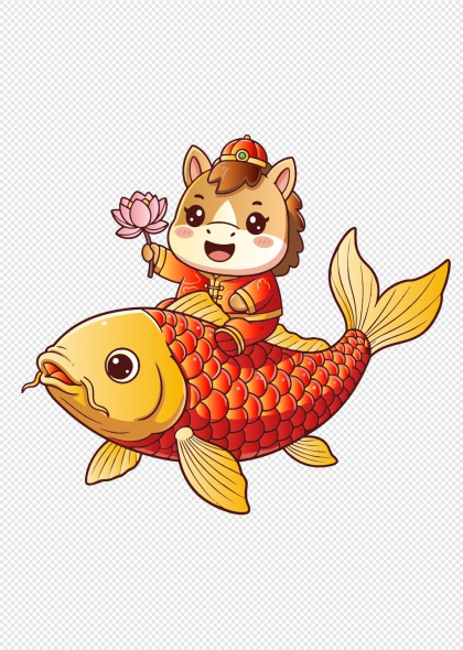 马年吉祥卡通小马骑锦鲤持莲花元素