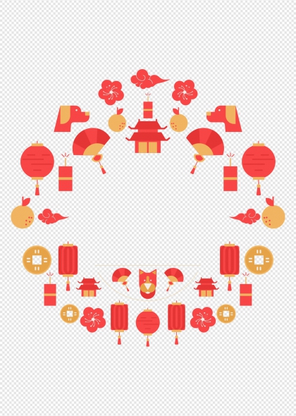 灯笼扇子古建筑铜钱梅花祥云春节装饰元素