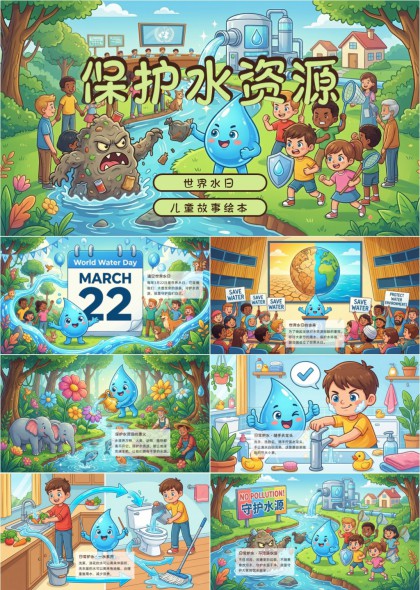 儿童环保教育插画风格世界水日节水护水主题PPT模板