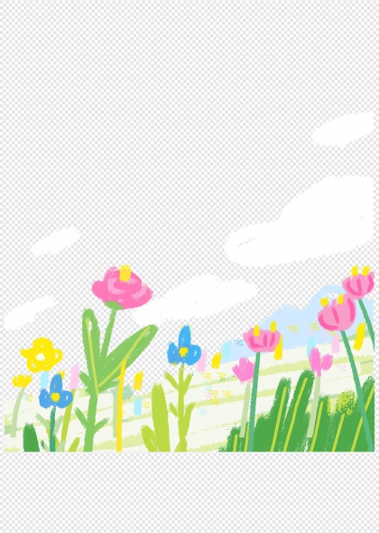 手绘春日野花草地云朵儿童插画背景元素