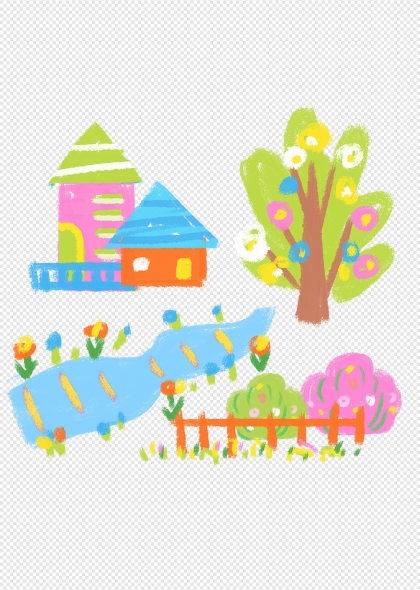 手绘春日小屋溪流花树栅栏田园风景免抠元素