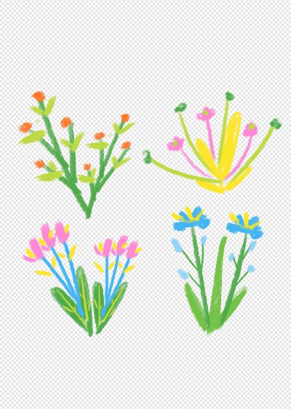 手绘蜡笔风春日小花蒲公英郁金香风信子植物插画元素