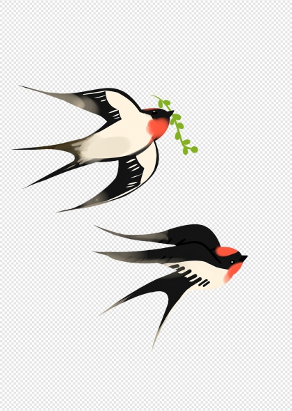 春燕衔柳枝飞翔手绘插画元素