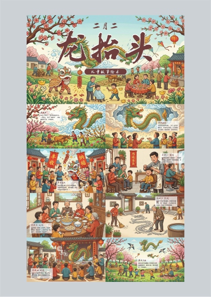 二月二龙抬头传统习俗儿童故事插画手绘风格PPT模板