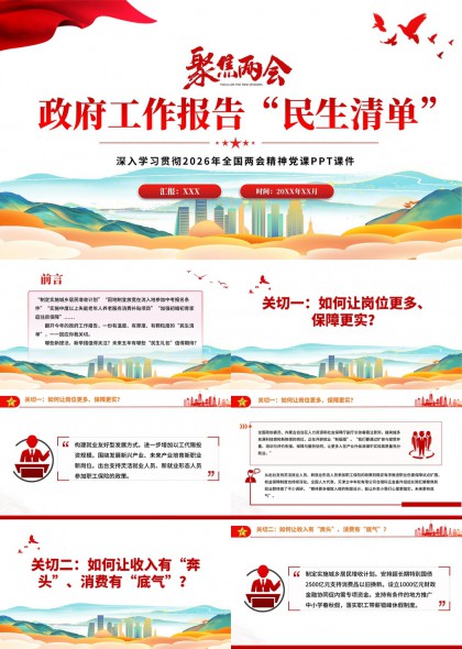 聚焦两会政府工作报告民生清单政策解读PPT模板