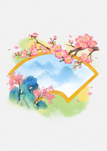 水彩樱花枝条扇形边框青绿山水春日装饰元素